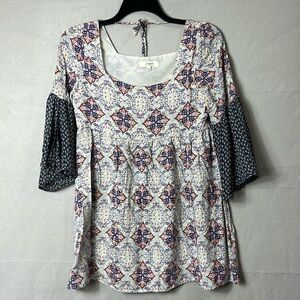Umgee Boho‎ Tunic Blouse 3/4 Flutter Sleeves Womens Size Small Multicolor